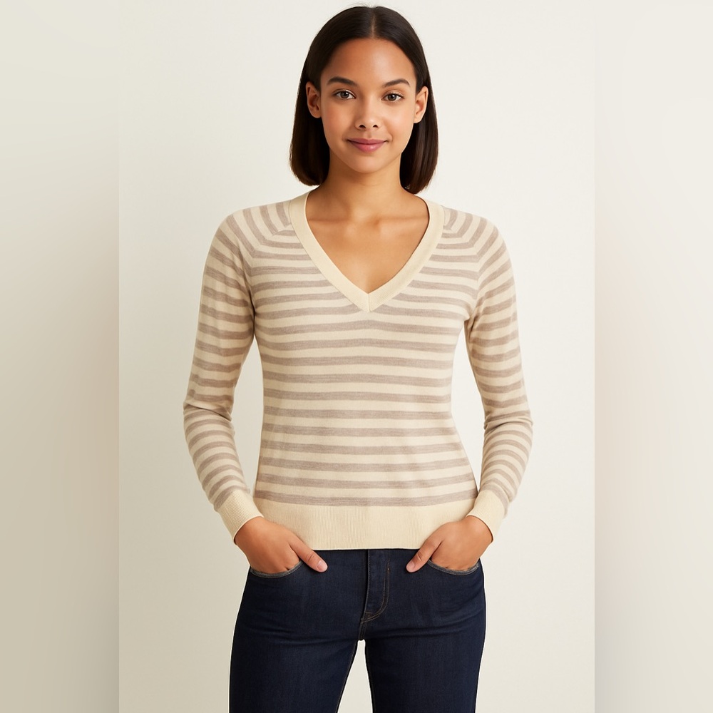 Club Monaco Beige & Light Taupe Striped V-Neck Wool Sweater - XS